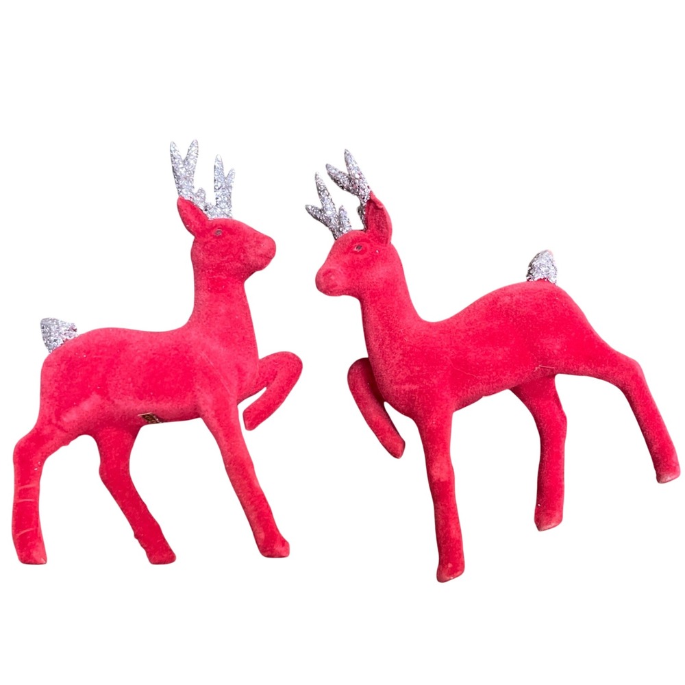 Vintage Christmas Red Felted Reindeer Japan Silver Glitter Antlers set of two
